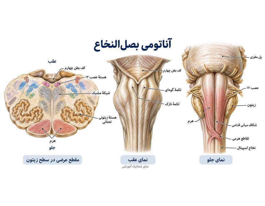 نمای جلویی بصل النخاع با هرمها، زیتون و شیار میانی قدامی