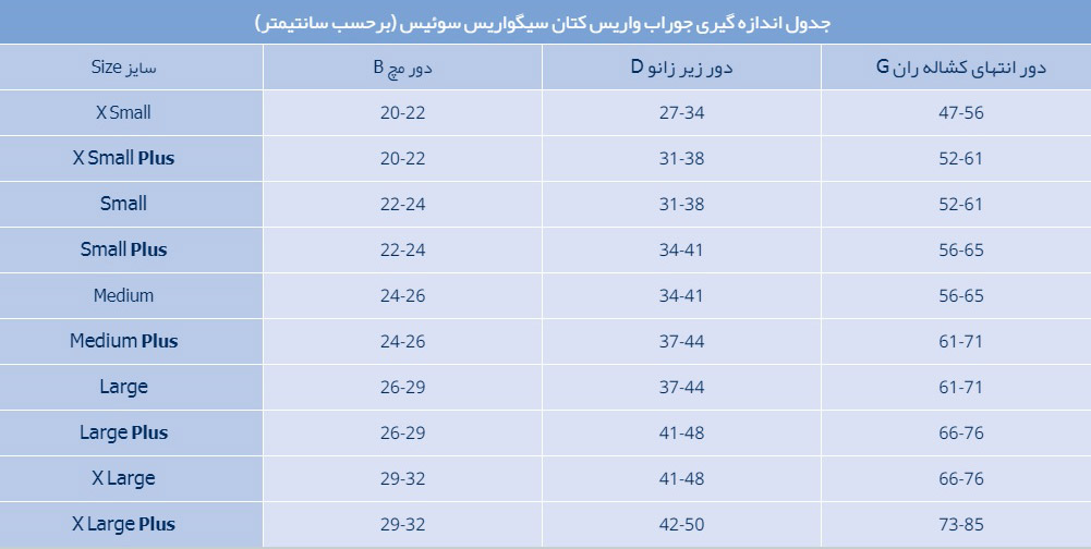 اندازه های جوراب واریس